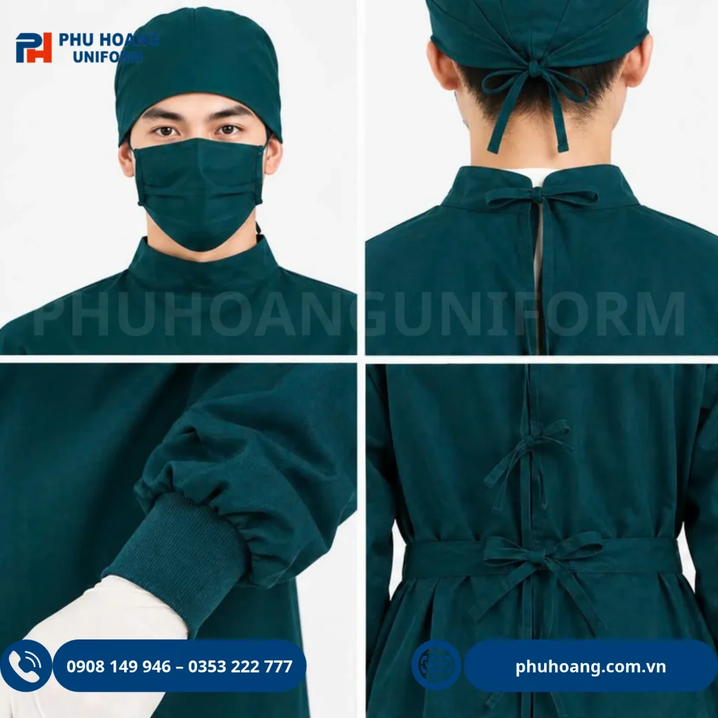 Áo choàng phẫu thuật bác sĩ Hình ảnh chi tiết mặt trước và mặt sau của mẫu áo choàng phẫu thuật y tế cao cấp màu xanh cổ vịt dành cho bác sĩ phòng mổ do Phú Hoàng Uniform sản xuất.