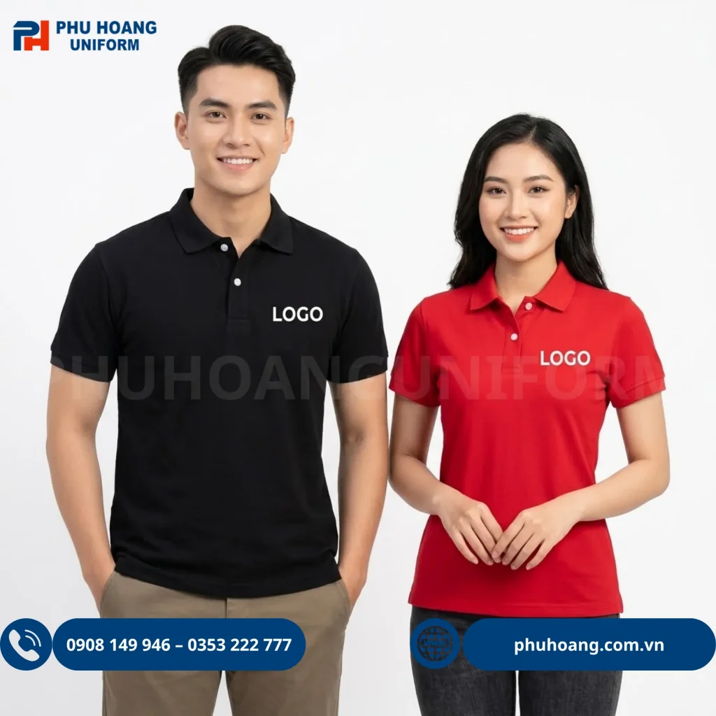 Mẫu áo thun có cổ may sẵn in/thêu logo đa dạng màu sắc tại Phú Hoàng Uniform Áo thun có cổ may sẵn in thêu logo Phú Hoàng Uniform gọn đẹp, chất lượng cao