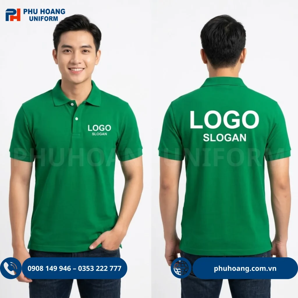 Mẫu áo thun có cổ may sẵn in/thêu logo đa dạng màu sắc tại Phú Hoàng Uniform Áo thun có cổ may sẵn in thêu logo Phú Hoàng Uniform gọn đẹp, chất lượng cao