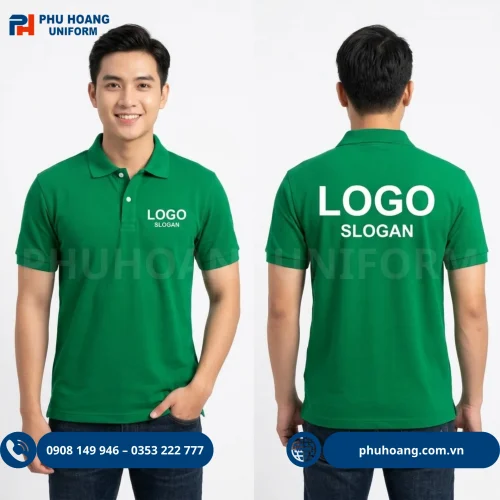 Áo thun có cổ may sẵn in thêu logo Phú Hoàng Uniform gọn đẹp, chất lượng cao