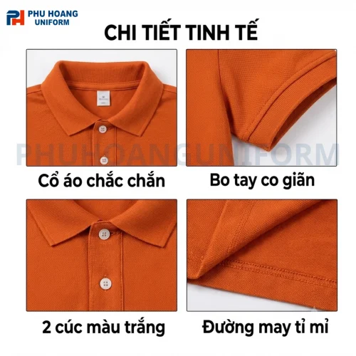 Áo thun có cổ may sẵn in thêu logo Phú Hoàng Uniform gọn đẹp, chất lượng cao