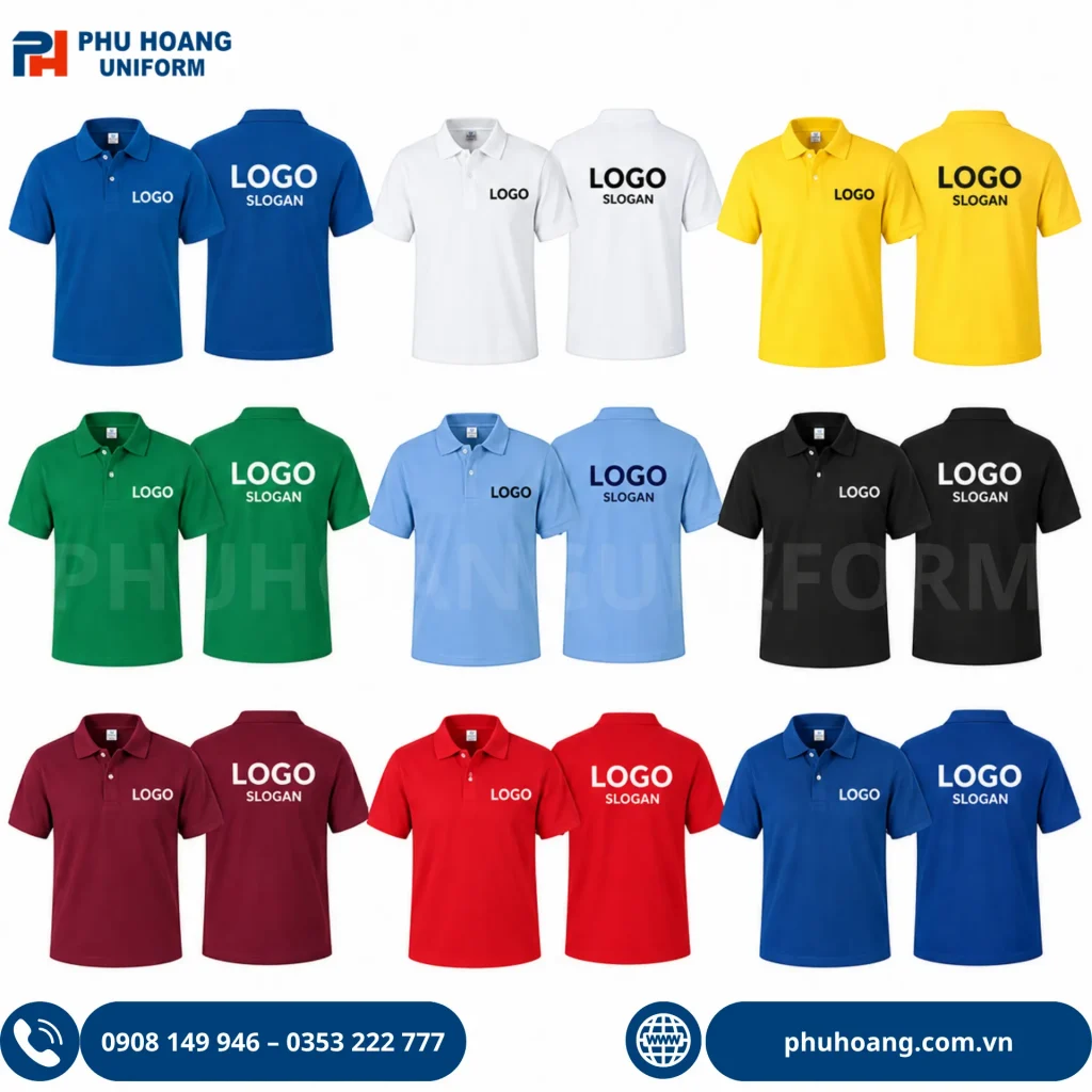 Mẫu áo thun có cổ may sẵn in/thêu logo đa dạng màu sắc tại Phú Hoàng Uniform Áo thun có cổ may sẵn in thêu logo Phú Hoàng Uniform gọn đẹp, chất lượng cao