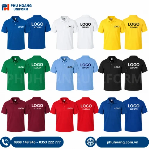 Áo thun có cổ may sẵn in thêu logo Phú Hoàng Uniform gọn đẹp, chất lượng cao
