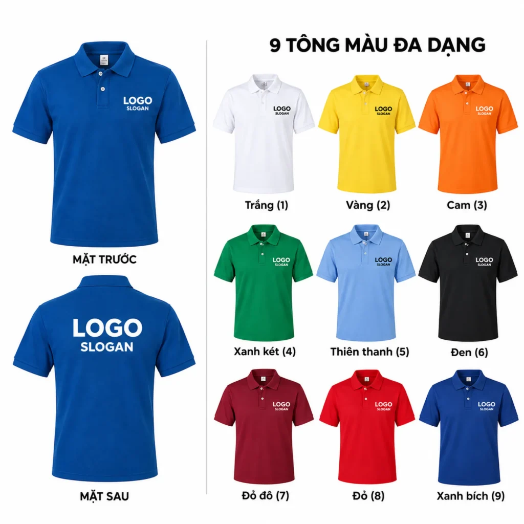 Mẫu áo thun có cổ may sẵn in/thêu logo đa dạng màu sắc tại Phú Hoàng Uniform Áo thun có cổ may sẵn in thêu logo Phú Hoàng Uniform gọn đẹp, chất lượng cao