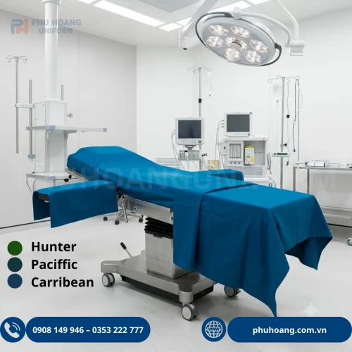 Săng ga giường phẫu thuật y tế chống thấm, kháng khuẩn chuẩn phòng mổ Phú Hoàng Uniform. Đủ 3 màu Hunter, Pacific, Caribbean. Liên hệ: 0353 222 777.