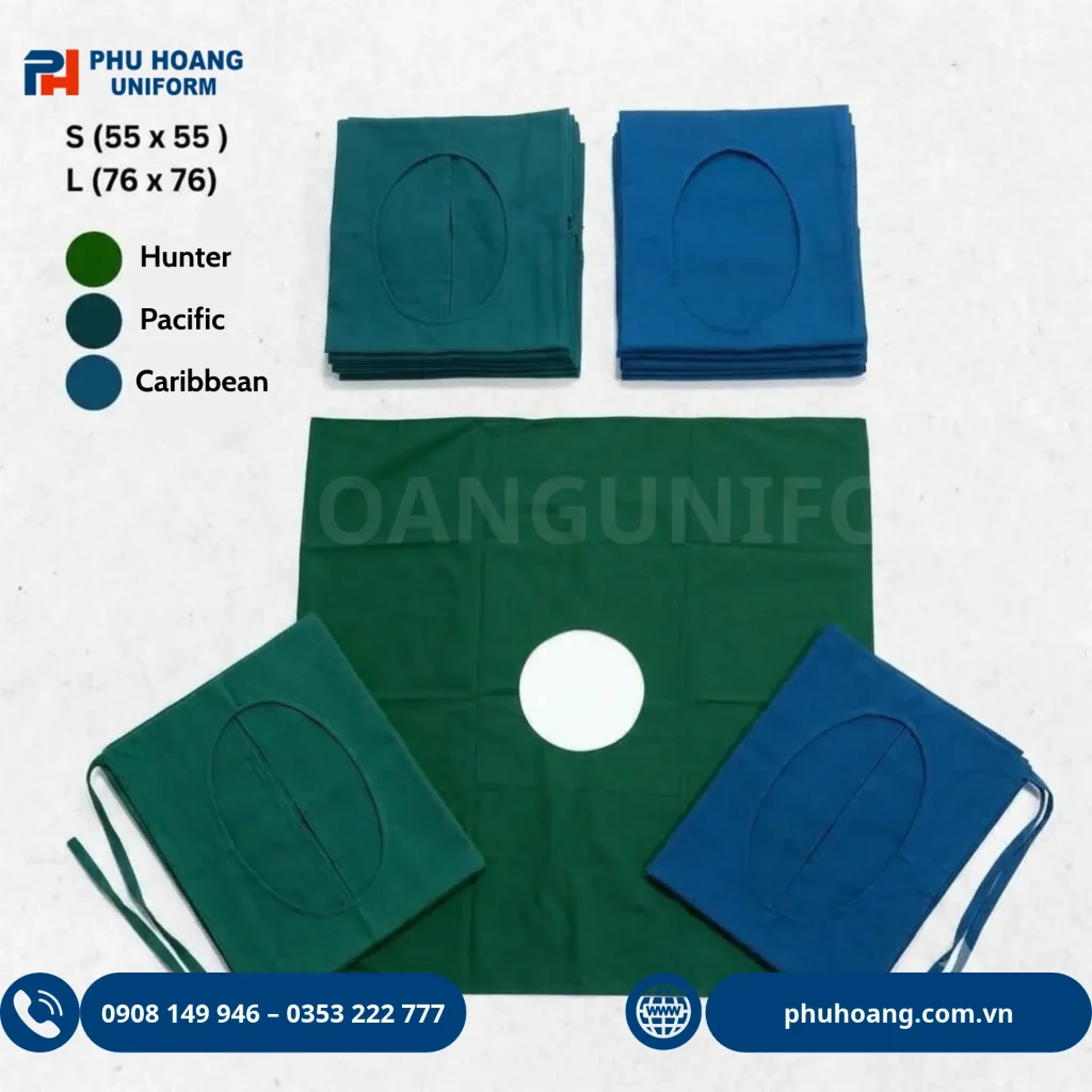 Săng phẫu thuật khuyết chuẩn y khoa do Phú Hoàng sản xuất Hình ảnh bộ săng phẫu thuật khuyết (săng có lỗ) y tế cao cấp với các tông màu xanh chuyên dụng từ Đồng Phục Phú Hoàng