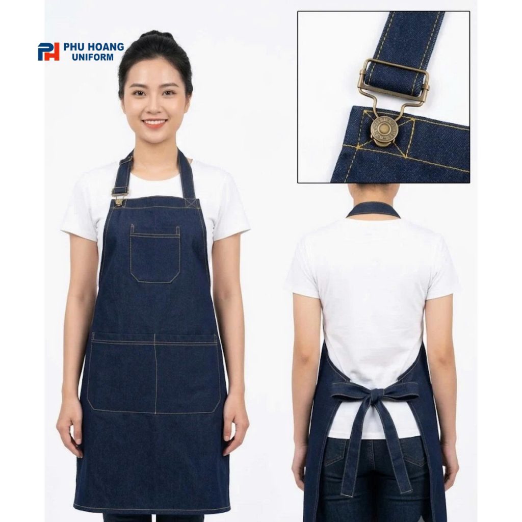 Tạp dề yếm jeans denim xanh navy có tăng đơ điều chỉnh dây và khóa đồng, 2 túi, chỉ nổi vàng – Phú Hoàng Uniform
