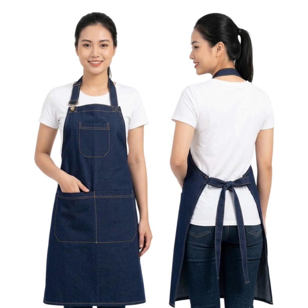 Tạp dề yếm jeans denim xanh navy mặt trước và mặt sau