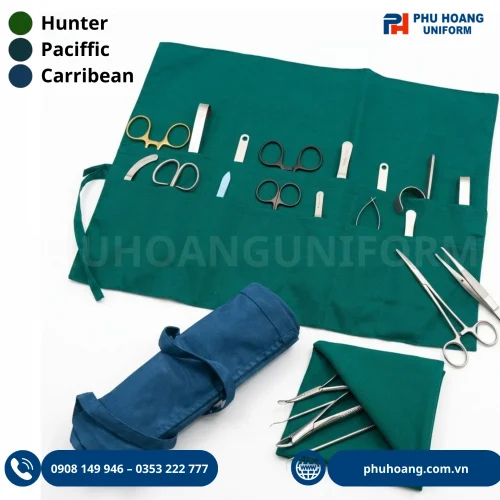 Túi dụng cụ y tế phẫu thuật Phú Hoàng với 3 màu Hunter, Pacific, Caribbean, sắp xếp khoa học và thao tác tiện lợi.